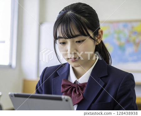 專注於平板電腦學習的日本女高中生（教室、制服、ICT教育、未來、學習） 128438938