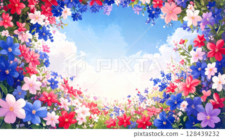 Watercolor illustration of American blue flowers against a blue sky 128439232
