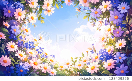用水彩畫的藍天下盛開的花朵的背景插圖 128439236