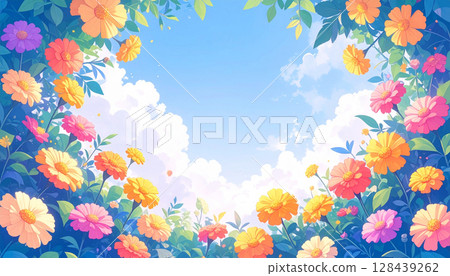 萬壽菊花在藍天的映襯下 萬壽菊花在藍天的映襯下 128439262