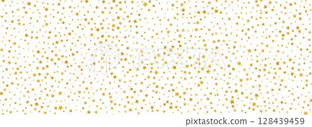 Golden star confetti seamless pattern. Gold glitter sparkle repeated background. Yellow shining flake repeating wallpaper. Vector celebration Christmas, New Year, wedding or birthday party backdrop 128439459