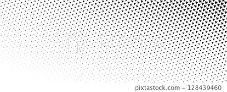 Fading triangle halftone texture gradient. Black and white abstract geometric background. Tech triangular halfton gradation pattern. Vector vanishing mosaic arrow wallpaper for banner, booklet, poster 128439460