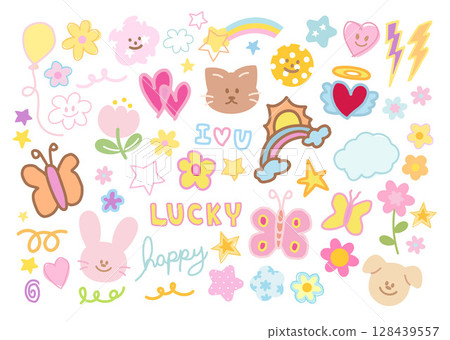 Cute vector illustration of teddy bear, rainbow, puppy, cat, bunny, flower, star, cloud, butterfly for animals, cartoon character, cute patches, kid doll, plush toy, sweet dessert, comic, brooch 128439557