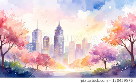 A watercolor painting of buildings seen from a park with autumnal trees 128439576