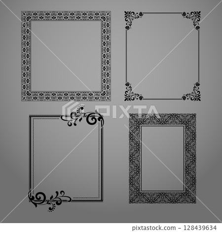 Set of decorative frames Elegant vector element for design in Eastern style, place for text. Floral black and gray borders. Lace illustration for invitations and greeting cards 128439634