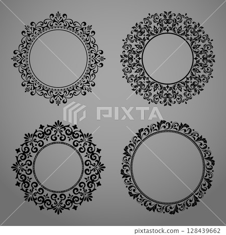 Set of decorative frames Elegant vector element for design in Eastern style, place for text. Floral black and gray borders. Lace illustration for invitations and greeting cards 128439662