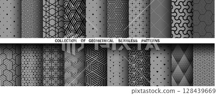 Geometric set of seamless black and gray patterns. Simple vector graphics Geometric set of seamless black and gray patterns. Simple vector graphics 128439669
