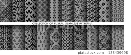 Geometric floral set of seamless patterns. Gray and black vector backgrounds. Damask graphic ornaments Geometric floral set of seamless patterns. Gray and black vector backgrounds. Damask graphic ornaments 128439698