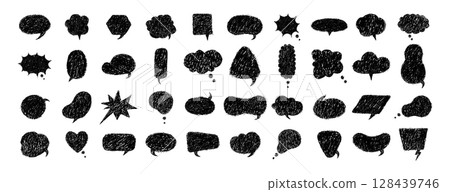 Hand drawn crayon speech bubble. Vector set with chalk scribble text boxes. Black retro doodle balloons for comics or chat messages 128439746