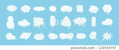 Crayons speech bubbles. Set of crayon comic frames in hand drawn style. Grunge texture. Childish Vector illustration isolated on blue background 128439747