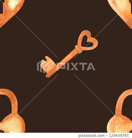 Seamless pattern with golden heart-shaped locks and keys. Watercolor illustration for textiles and wedding wrapping paper Seamless pattern with golden heart-shaped locks and keys. Watercolor illustration for textiles and wedding wrapping paper 128439765