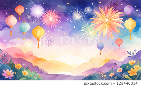 夜空中綻放的煙火水彩畫 128440014