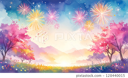 一幅從山上看到的五彩繽紛的煙火水彩畫 128440015