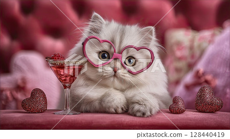 Realistic photo of white fat cat in heart shape glasses sitting on the pink sofa with a cocktail and sparkling hearts 128440419