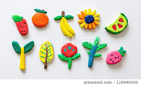 Flat clay applique made by a child, tropical fruit, funny toy, simple, minimalistic, colorful, children drawing, 128440420