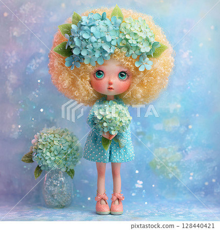 Girl doll with pastel lemon-yellow curly bob hair, decorated with a single blooming hydrangea crown holds a bouquet in her hands 128440421