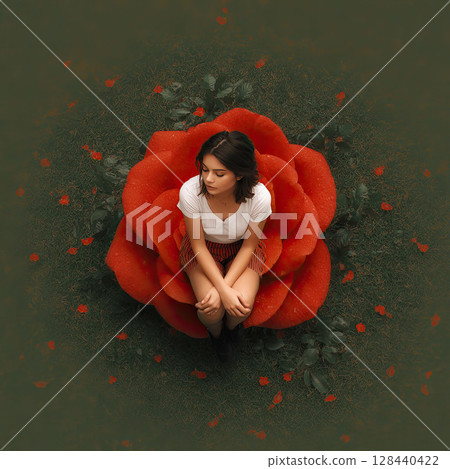 Thoughtful girl sitting in a large rose flower on a dark background Thoughtful girl sitting in a large rose flower on a dark background 128440422