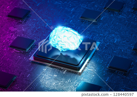 Artificial intelligence brain on cpu chipset with circuit background Artificial intelligence brain on cpu chipset with circuit background 128440597