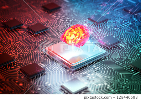 Artificial intelligence brain on cpu chipset with circuit background Artificial intelligence brain on cpu chipset with circuit background 128440598