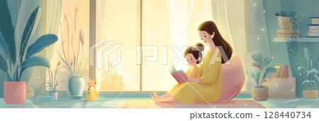In a softly lit pastel room, a mother engages her child by reading a book, surrounded by plants and a calming atmosphere that fosters connection. 128440734