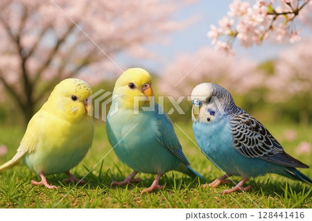 Three friendly budgerigars in a spring landscape 128441416