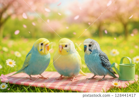 Three friendly budgerigars in a spring landscape 128441417