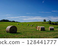 A clear summer sky and rolling rolls of hay (Kami-Furano, Hokkaido) 128441777