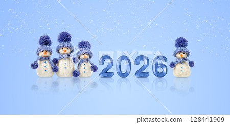 Knitted toys snowmen in blue hat and scarf with blue numbers 2026 on blue background. Merry Christmas and New Year 2026 greeting card Knitted toys snowmen in blue hat and scarf with blue numbers 2026 on blue background. Merry Christmas and New Year 2026 greeting card 128441909