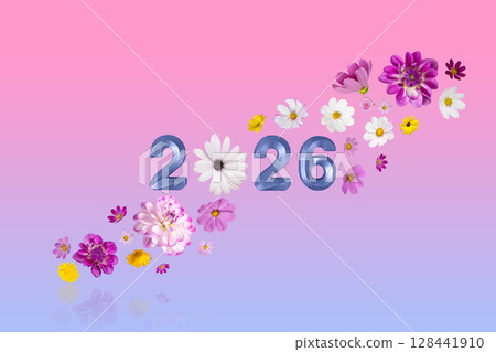 Blue numbers 2026 New Year and flowers on pink blue gradient background. Simple and clean design Happy New Year and Merry Christmas. Blue numbers 2026 New Year and flowers on pink blue gradient background. Simple and clean design Happy New Year and Merry Christmas. 128441910