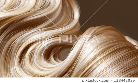 Long, luxurious golden blonde hair with soft waves and curls, showcasing incredible shine and healthy texture against a rich, dark background. 128442059