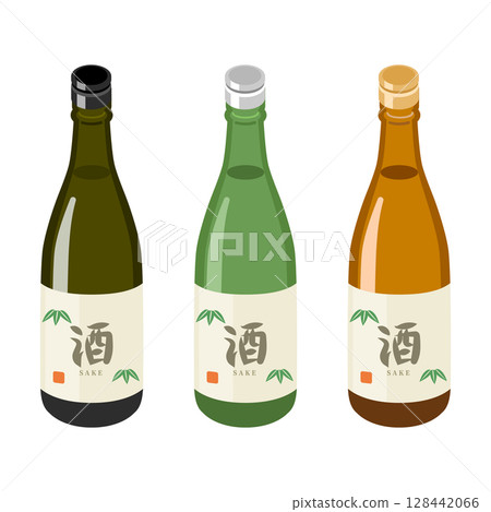 Set of Japanese sake bottles (black, green and brown) (flat isometric illustration) Set of Japanese sake bottles (black, green and brown) (flat isometric illustration) 128442066