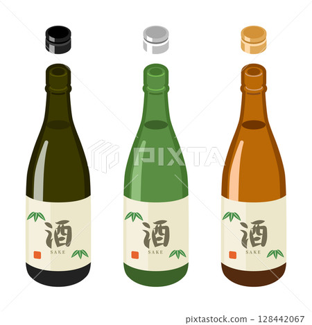 一組未加蓋的清酒瓶（黑色、綠色、棕色）和蓋子（平面等距圖） 128442067