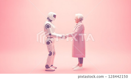 Elderly people holding hands with a robot 128442150