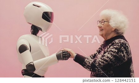Elderly people holding hands with a robot 128442151