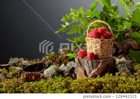 Small wicker basket filled with fresh, ripe raspberries. 128442315