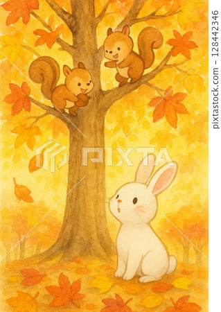 松鼠和兔子在樹上的互動 128442346