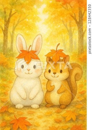 頭上有秋葉的松鼠和兔子 128442350