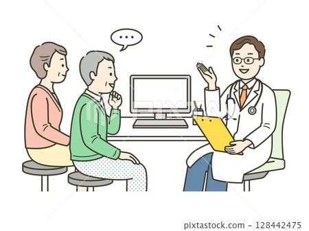 一位老人在健忘診所接受治療的插圖、他的隨行妻子和一名醫生 128442475