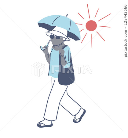 Illustration material of a woman taking full protection measures against sunburn Illustration material of a woman taking full protection measures against sunburn 128442566