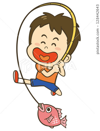 一個微笑的男孩微笑著抓魚的插圖 128442643