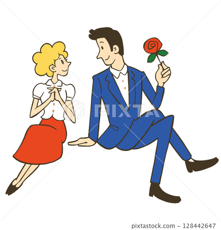 圖解：一名男子和一名女子手拿玫瑰互相注視。 128442647