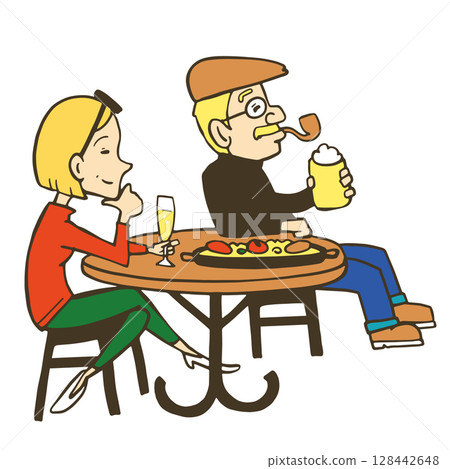 一對老年夫婦在露台用餐時放鬆的插圖 一對老年夫婦在露台用餐時放鬆的插圖 128442648