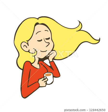 Illustration of a woman relaxing with a cup of coffee in hand and feeling the wind 128442650