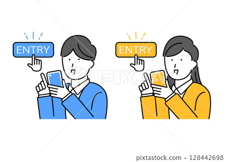 Illustration of a young man and woman pressing the entry button on their smartphone Illustration of a young man and woman pressing the entry button on their smartphone 128442698