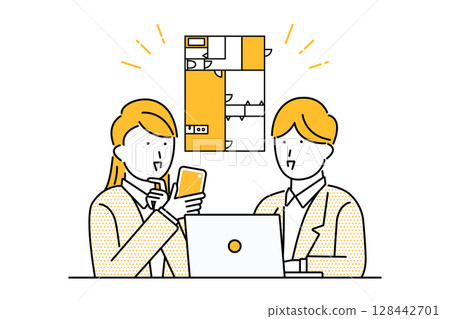 一對夫婦使用智慧型手機和電腦尋找完美房間佈局的插圖 128442701