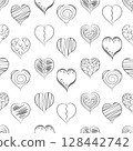 The heart pattern. Seamless pattern with the image of hearts in doodle style. An image for Valentine s Day. Heart pattern for print and gift wrapping. Vector illustration on a white background. 128442742