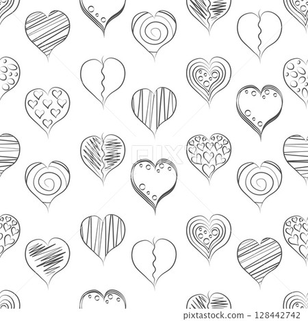 The heart pattern. Seamless pattern with the image of hearts in doodle style. An image for Valentine s Day. Heart pattern for print and gift wrapping. Vector illustration on a white background. 128442742
