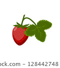Strawberry. Ripe strawberry berry. Red strawberry berry with green leaf. Strawberries in cartoon style. The vector illustration is isolated on a white background. 128442748