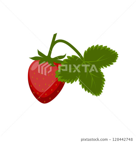 Strawberry. Ripe strawberry berry. Red strawberry berry with green leaf. Strawberries in cartoon style. The vector illustration is isolated on a white background. Strawberry. Ripe strawberry berry. Red strawberry berry with green leaf. Strawberries in cartoon style. The vector illustration is isolated on a white background. 128442748