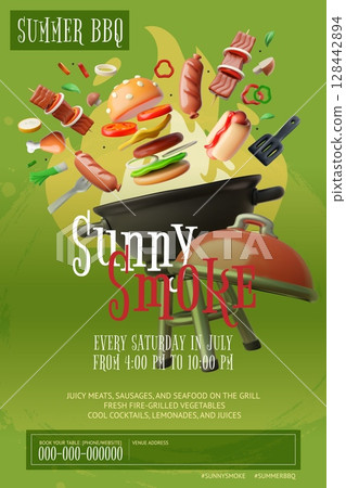BBQ festival promotion poster. Grill with burger, shashlik, sausage, chicken, hot dog, vegetables. BBQ festival promotion poster. Grill with burger, shashlik, sausage, chicken, hot dog, vegetables. 128442894